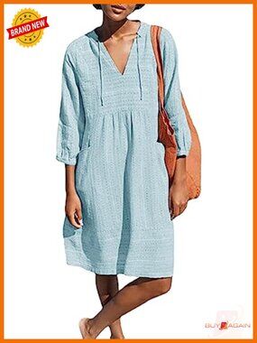 Cotton V-Neck Shift Dress with Pockets 3/4 Sleeve